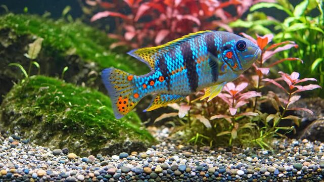 Vibrant tropical fish swimming in freshwater aquarium with colorful plants
