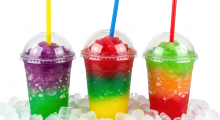 Three colorful layered slushy drinks in clear plastic cups with straws and ice isolated on transparent background