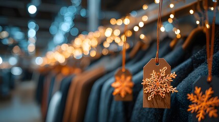 Festive winter clothing display with bokeh lights and decorative gift tags, holiday retail scene.