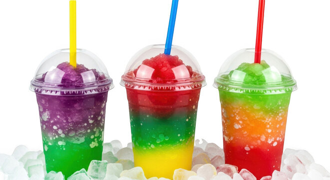 Three colorful layered slushy drinks in clear plastic cups with straws and ice isolated on transparent background
