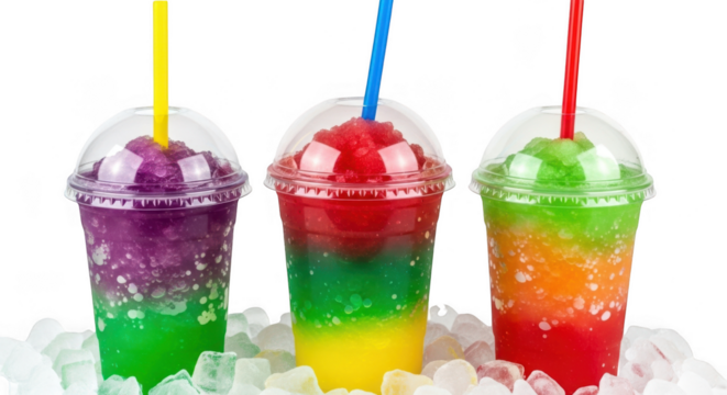 Three colorful layered slushy drinks in clear plastic cups with straws and ice isolated on transparent background