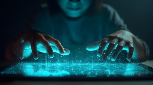 Hands interacting with glowing digital network interface on tablet, futuristic technology concept.