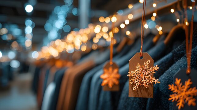 Festive winter clothing display with bokeh lights and decorative gift tags, holiday retail scene.