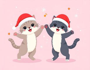 Two happy cartoon kittens wearing Santa hats