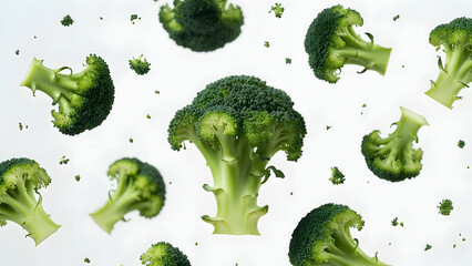 Fresh vibrant broccoli florets floating in lively motion, celebrating crisp nutrition, green energy, and natural goodness.