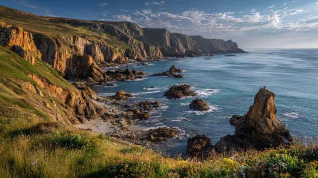Stunning coastal landscape with rugged cliffs, crystal clear waters, and vibrant sunset sky over a serene ocean shoreline - Powered by Adobe
