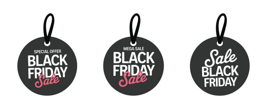 Black Friday promotional sale tags and plastic price badges with discount labels collection for marketing banner online advertisement seasonal promotion design vector illustration.