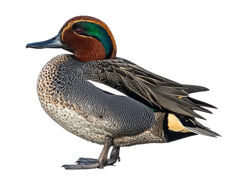 Detailed studio shot of a teal duck in profile against a bright white backdrop