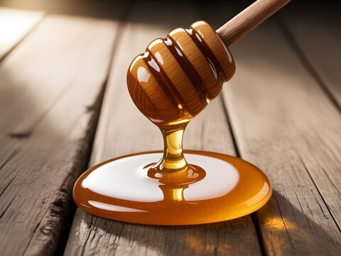Honey dripping from wooden dipper onto rustic wood surface