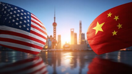 Flags of the US and China Wave Over a City Skyline, Highlighting Rising Economic Tension and Trade Conflict in Modern Times