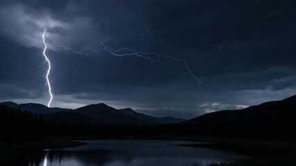 Capturing the dramatic energy of a powerful lightning strike illuminating a vast, untouched nocturnal landscape, showcasing nature's raw electrical spectacle. - Powered by Adobe