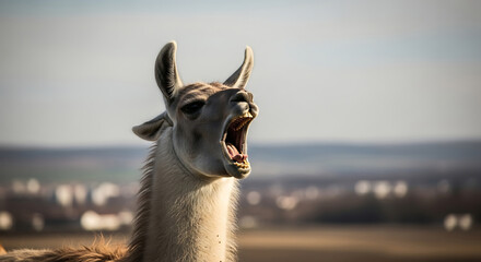 Llama Yawning Open Mouth Close Up Outdoor Portrait with Blurred Background alpaca animal