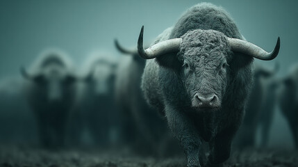 Powerful bull herd charging in the mist.