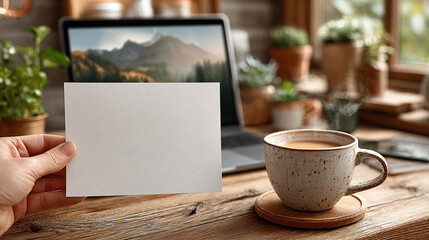 Blank card mockup with coffee cup and laptop.