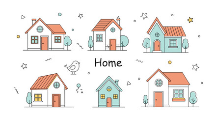 Fototapeta premium A charming set of outlined cartoon houses in a simple, illustrative style with pastel hues and playful decorative elements.