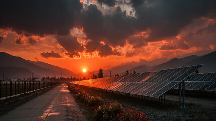 Solar panels in countryside at sunset with golden light.