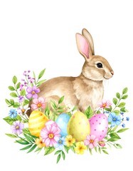 Watercolor illustration of an Easter bunny surrounded by decorated eggs