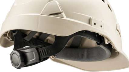 Close-up of beige construction hard hat showing detailed interior suspension and adjustable safety strap