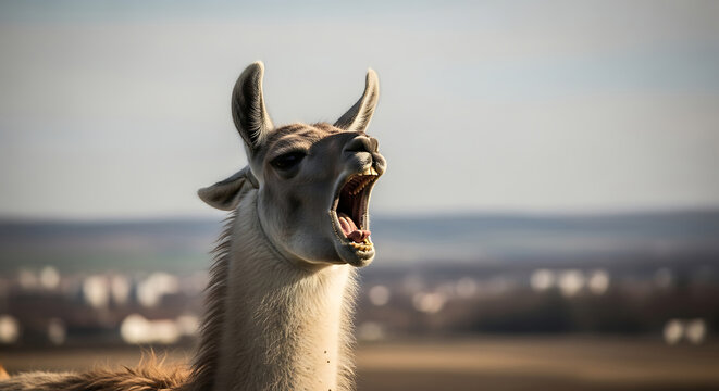 Llama Yawning Open Mouth Close Up Outdoor Portrait with Blurred Background alpaca animal