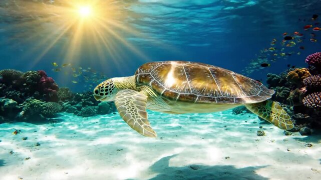A majestic sea turtle gliding effortlessly through a vibrant coral reef, sunlight piercing the turquoise depths, highlighting its textured shell and flippers.