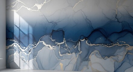 A blue and white abstract painting with a modern, minimalist style.