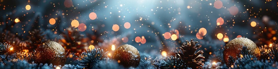 Fototapeta premium Panoramic Winter Holiday Background with Snow and Bokeh Lights