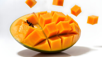 Juicy ripe mango bursting with vibrant golden cubes, showcasing tropical sweetness, freshness, and irresistible summer flavor delight