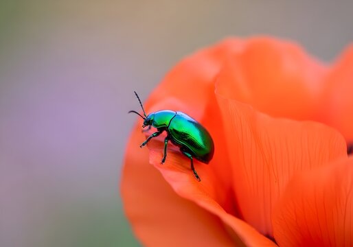 Emerald Green Beetle Resting on Vibrant Orange Flower Petal Close Up Macro Image Capturing Iridescent Insect and Delicate Floral Detail Nature Photography Macro Photography Green Bug - Powered by Adobe
