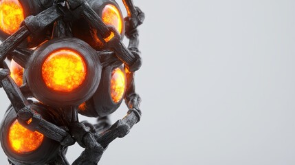 futuristic, abstract structure featuring glowing orange spheres connected by dark, textured elements, creating a striking visual contrast.