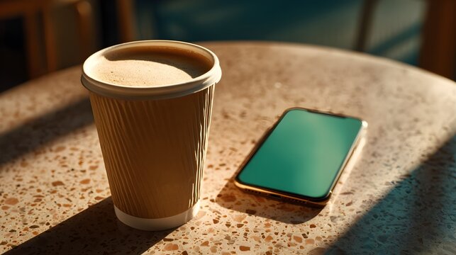 Coffee to go with smartphone on speckled table, modern lifestyle, warm light, digital nomad concept - Powered by Adobe