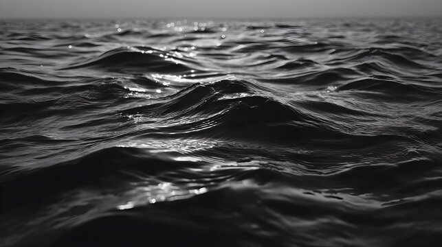 Moody monochrome ocean waves, dark sea surface, dramatic water texture, peaceful and isolating seascape.