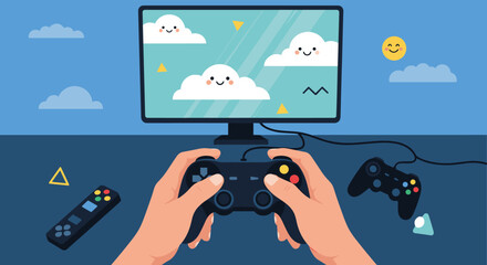 First-person view of hands holding a video game controller while playing a game with cute smiling clouds on a television screen.