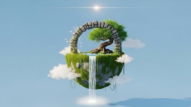 Surreal floating island with stone archway lush greenery waterfall and clouds against a light blue sky background