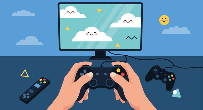 First-person view of hands holding a video game controller while playing a game with cute smiling clouds on a television screen.