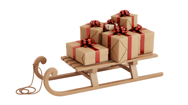 Isolated christmas sleigh laden with brown gift boxes and red ribbons 3d - Powered by Adobe