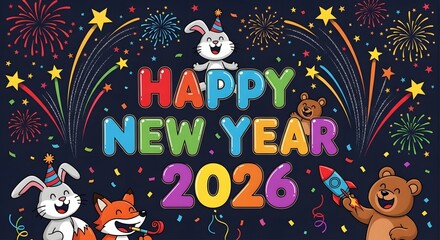 Happy new year 2026 celebration with cartoon animals and fireworks display