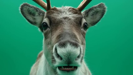 Close up portrait of a festive reindeer with antlers against a bright greenscreen background for christmas themes