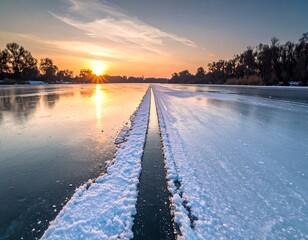 Sunrise over frozen lake, a path cleaved into the ice with a radiant sun's glow