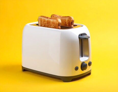White toaster with two slices of golden-brown toast on yellow background