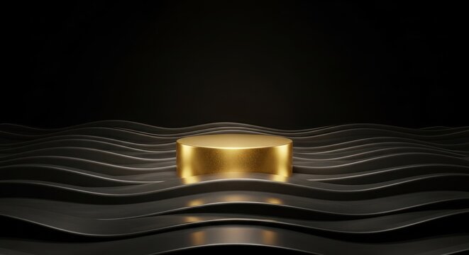 A golden cylinder on a black wave pattern background.