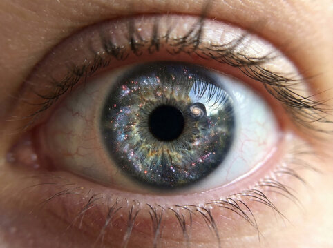 Macro view of human eye iris filled with a vibrant galaxy and swirling nebula imagery