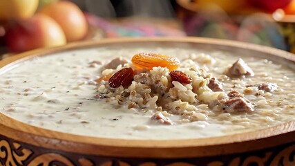 Savor the Richness A CloseUp of Kazakh National Dish in a Traditional Bowl Showcasing Cultural Heritage and Culinary Artistry.