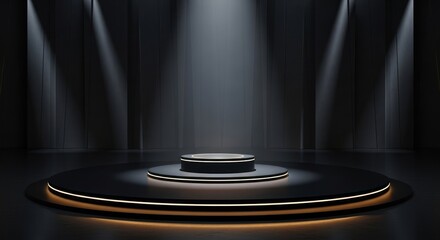 A black and gold podium with a spotlight in a dark room.