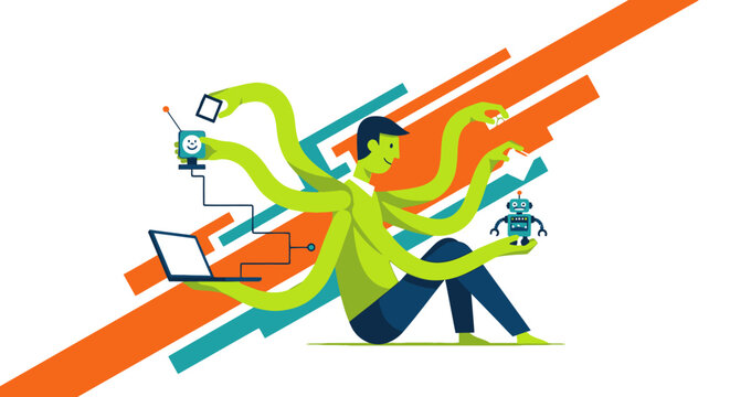 Multitasking Digital Expert Handling AI, Development, and Technology Devices in a Modern Concept Illustration