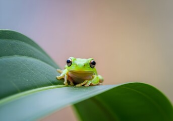 Adorable green tree frog perched gracefully on a vibrant leaf in its natural habitat with a blurred background creating a sense of depth