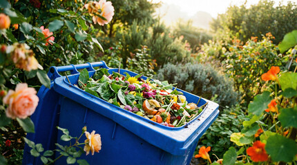 A vibrant blue compost bin surrounded by blooming roses and lush greenery, perfect for eco-friendly gardening projects.