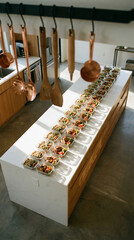 A spacious kitchen filled with meal prep containers and copper utensils, illuminated by sunlight, perfect for cooking enthusiasts.