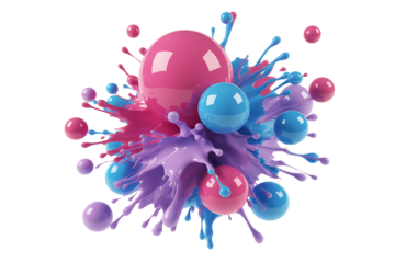 Dynamic abstract fluid splash: pink, blue & purple glossy spheres
