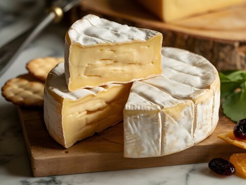 Soft ripened cheese wheel with crackers and fruit brie