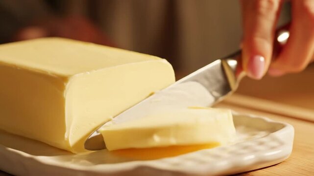 Close up of a person slicing a pat of fresh butter with a knife on a white butter dish sitting on a wooden cutting board in a warm kitchen setting ready for cooking and baking use